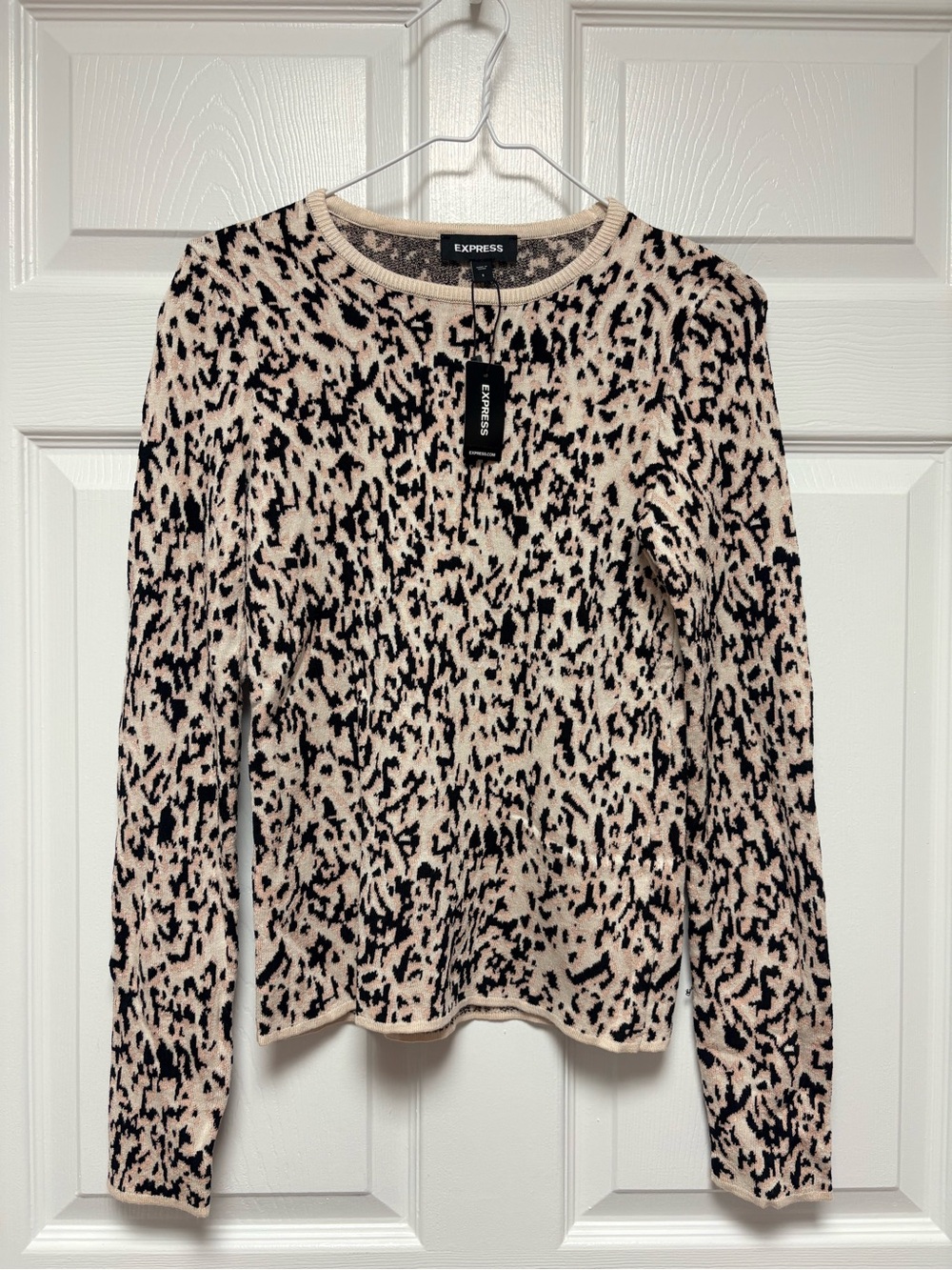 NWT Express Abstract Animal Print Crewneck Sweater - Cream, Pink & Black